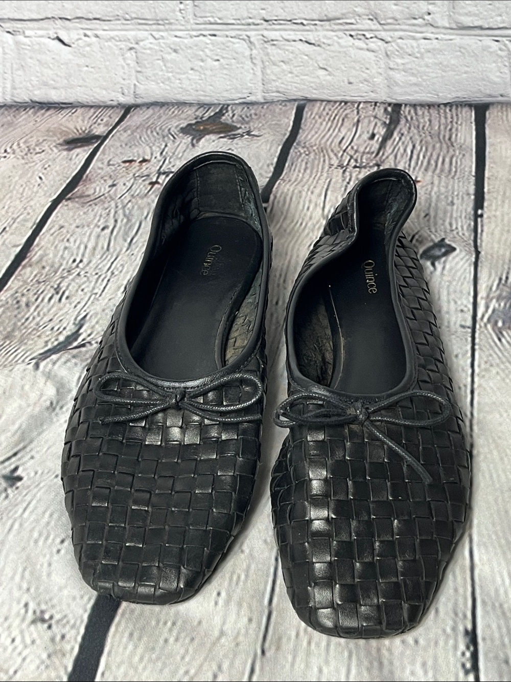 Quince Black Woven Leather Ballet Flats with Bow - Picture 2 of 4